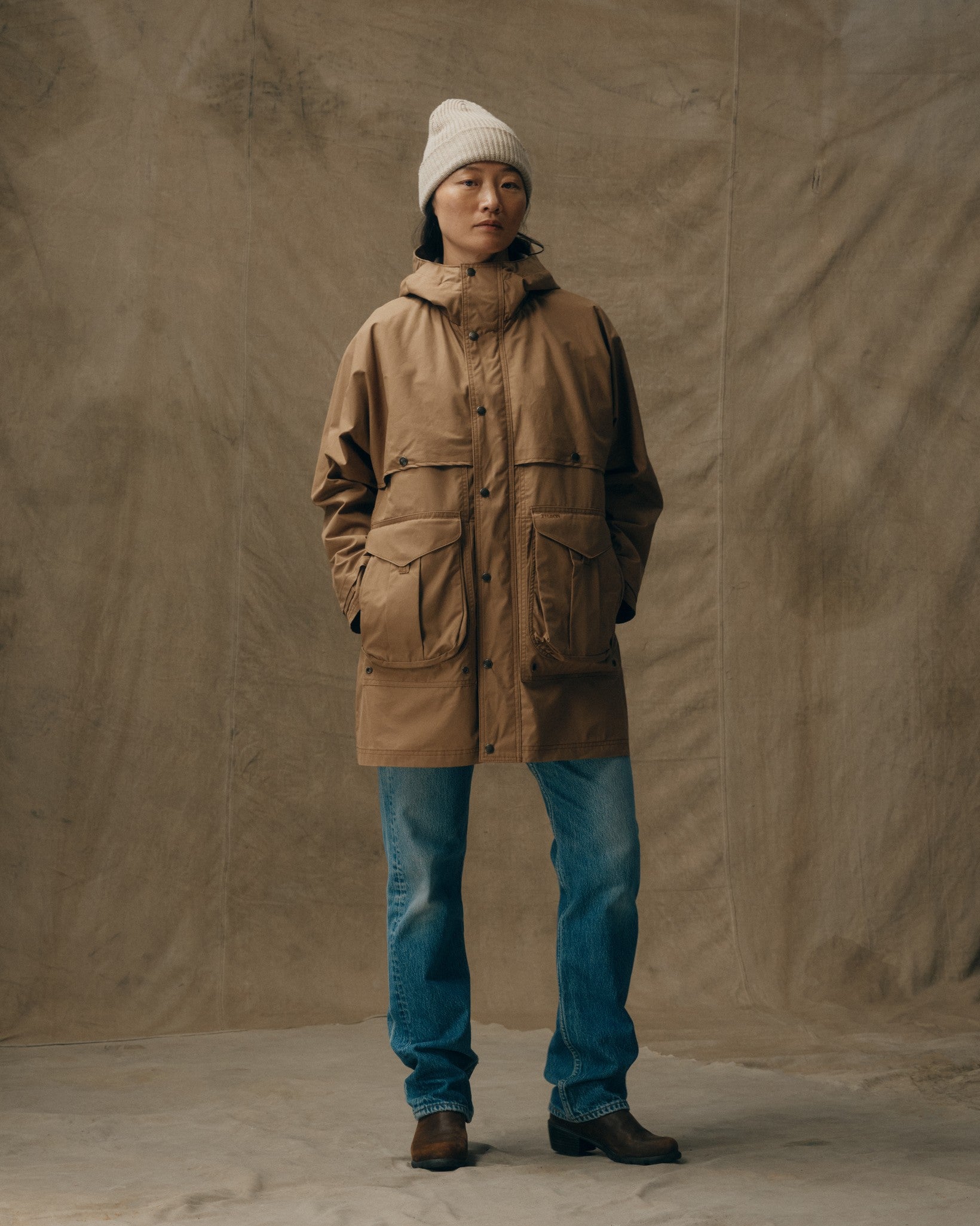 Women's Aviator Cloth Long Raincoat - Dark Tan - Image 5