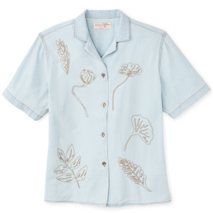 Women's Short Sleeve Embroidered Camp Shirt - Light Indigo Chambray